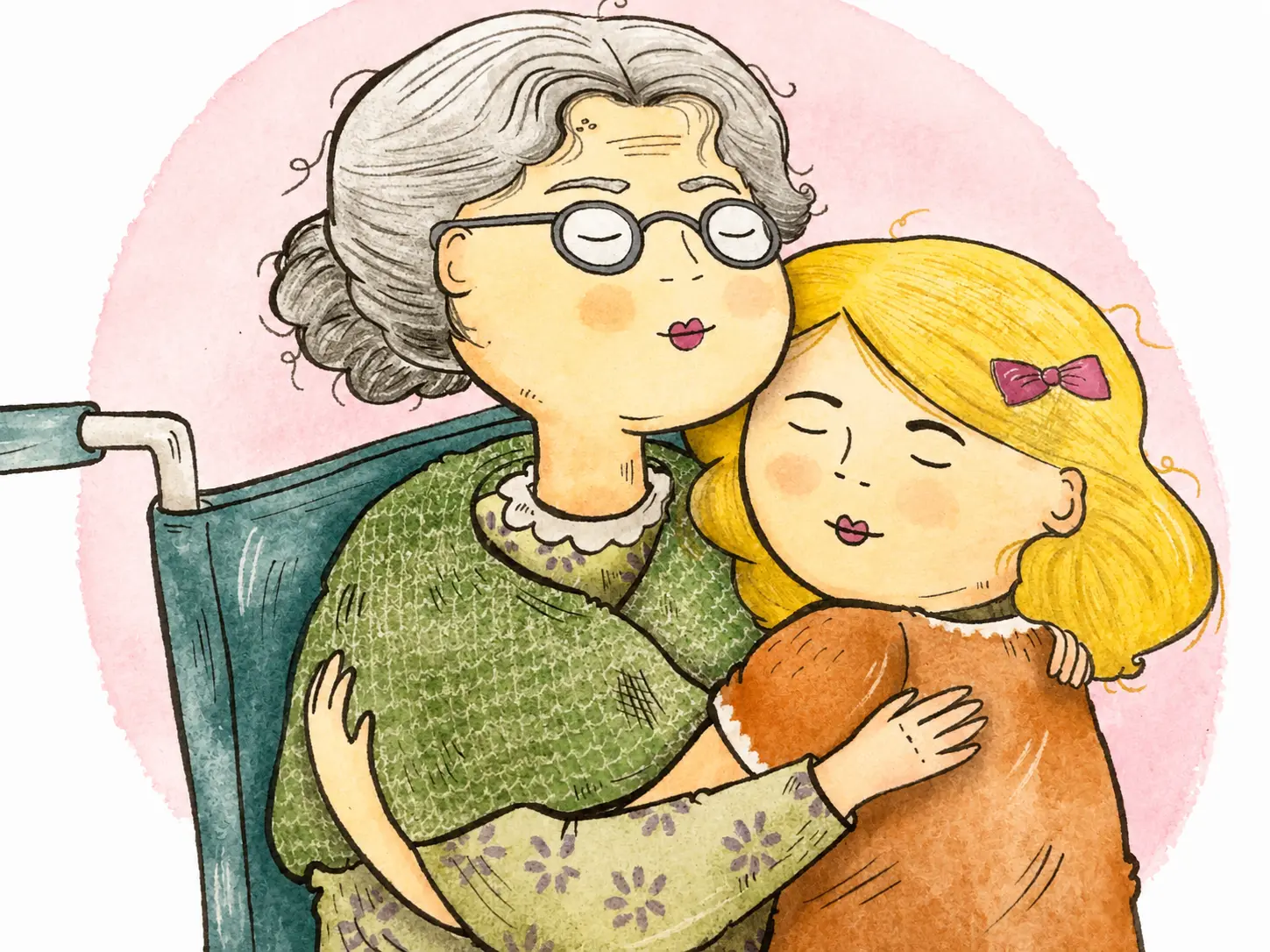 A grandmother and granddaughter sharing a gentle hug
