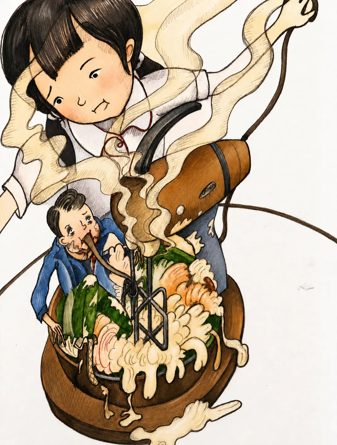 A giant bowl of noodles overwhelming a family