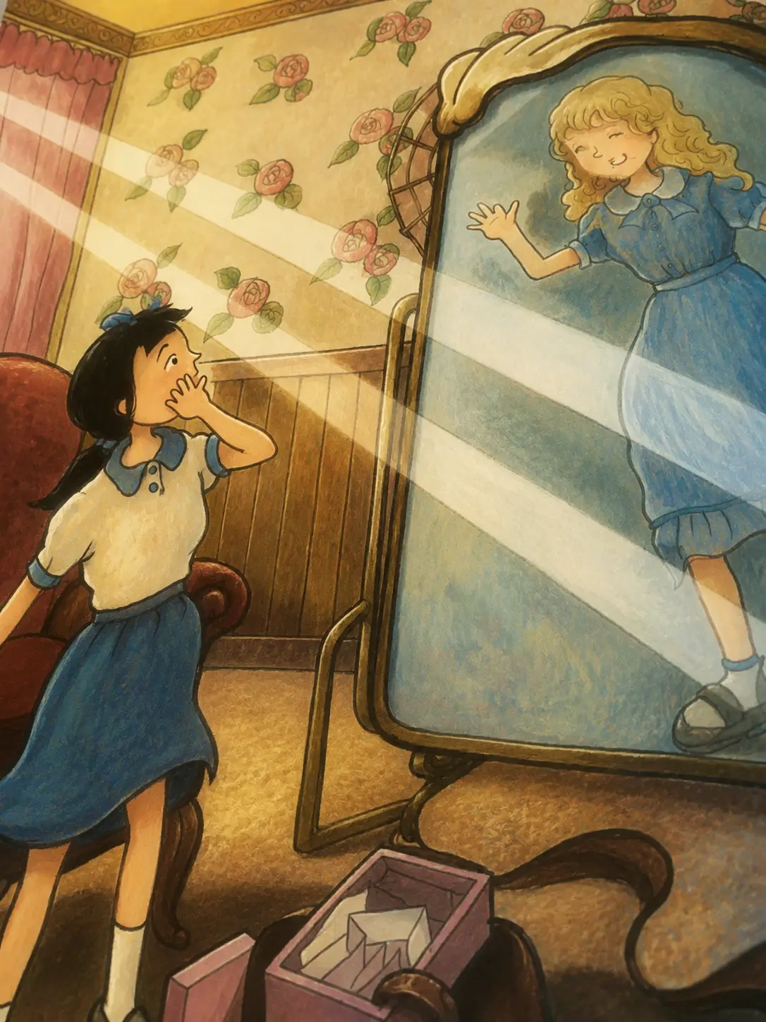 A girl gasping at a ghostly figure inside a mirror