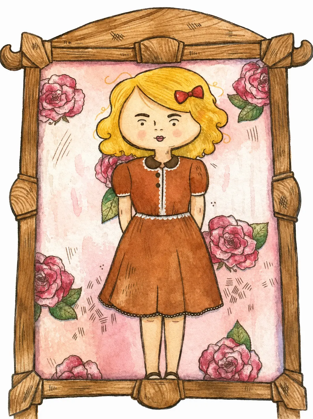 A portrait of a girl inside a wooden frame surrounded by roses