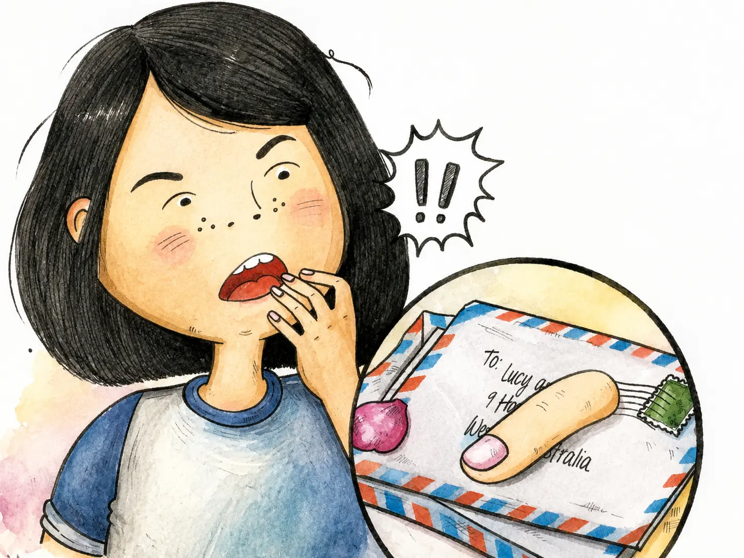 A girl gasping over a stack of airmail letters