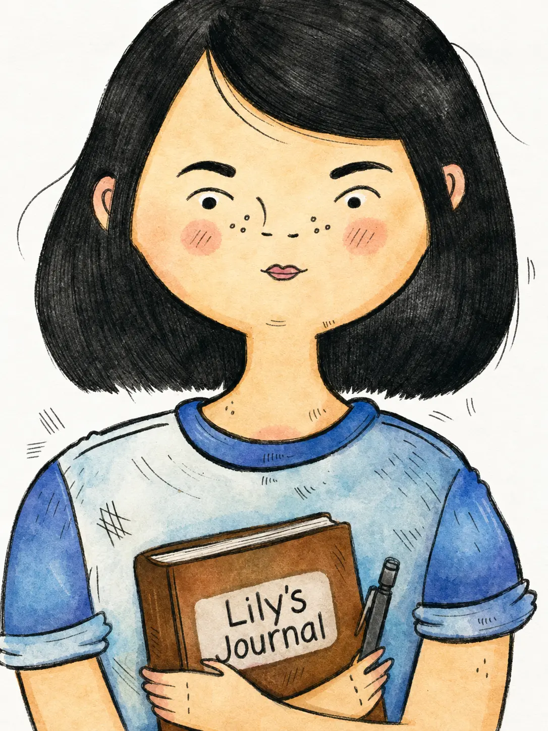 A girl clutching a notebook labelled Lily's Journal